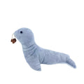 Blue sea lion plush cat toy with bell and catnip filling for play and teething.