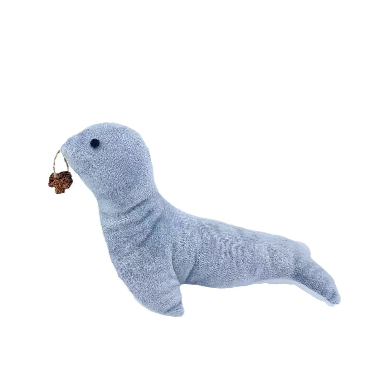Blue sea lion plush cat toy with bell and catnip filling for play and teething.