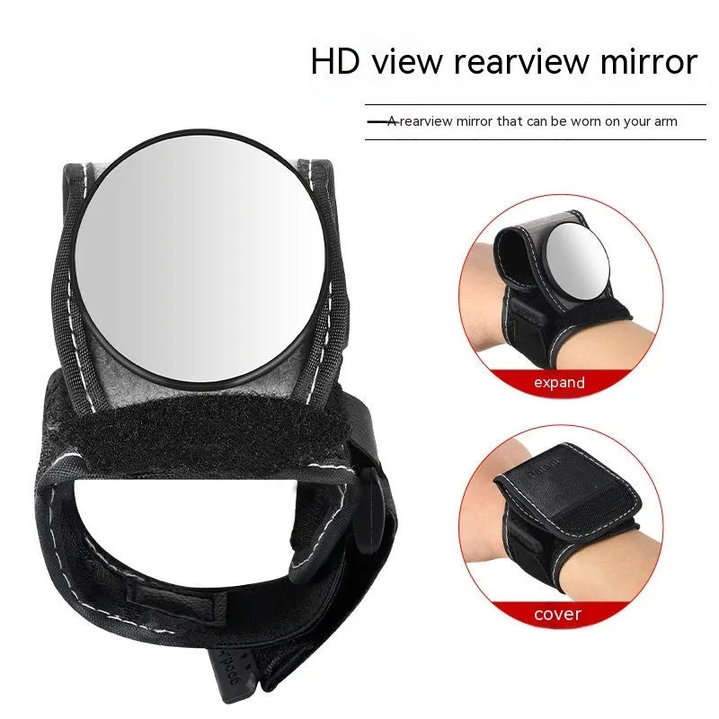 Black nylon bicycle wrist rear-view mirror with adjustable arm extended for cycling visibility