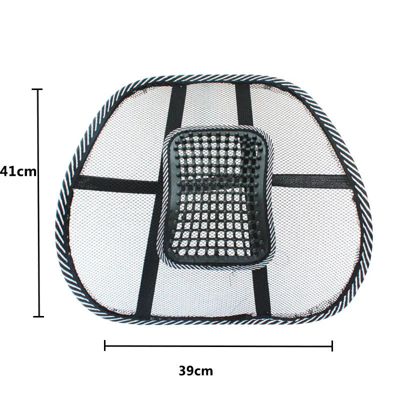 Black leather-look car lumbar support pillow with mesh panel and adjustable straps