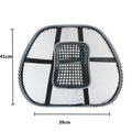 Black leather-look car lumbar support pillow with mesh panel and adjustable straps