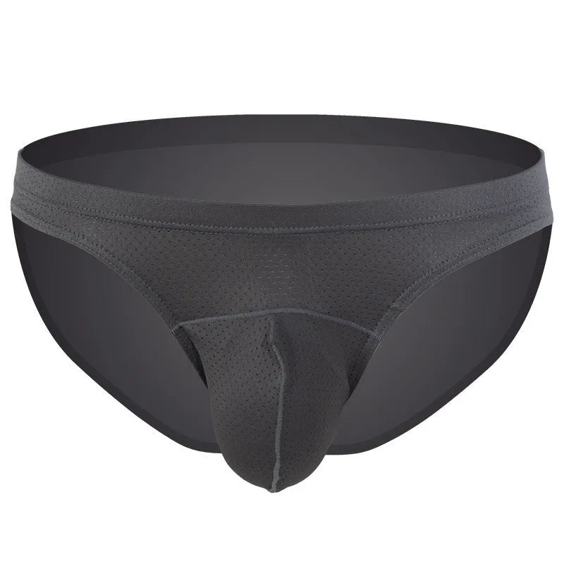 Men's loose transparent nylon underwear in blue, showing breathable fabric on a size chart.