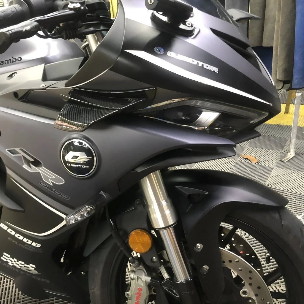 Motorcycle spoiler wing accessories in four different pattern finishes showing 18cm by 8cm dimensions