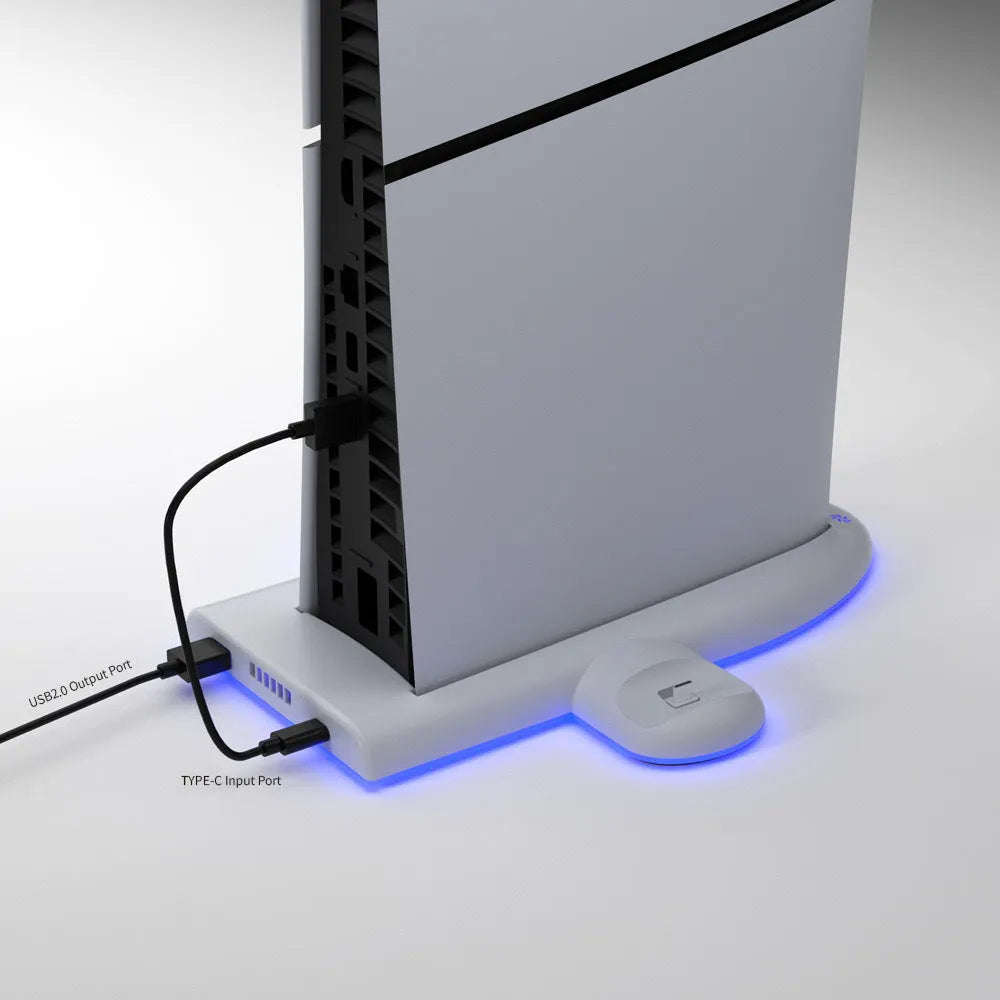 White PS5 Slim multifunctional charging base with cooler fan, RGB lights, and charging belt.