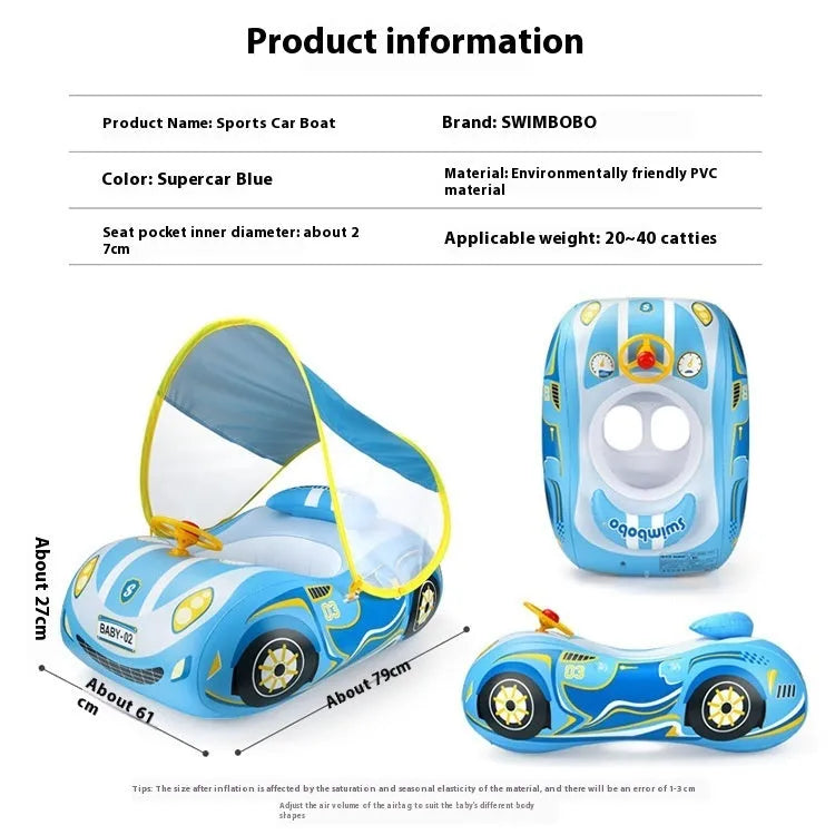 Pink cartoon sports car inflatable swimming ring with steering wheel for children