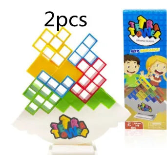 Balance stacking game set with plastic building blocks and wooden chassis