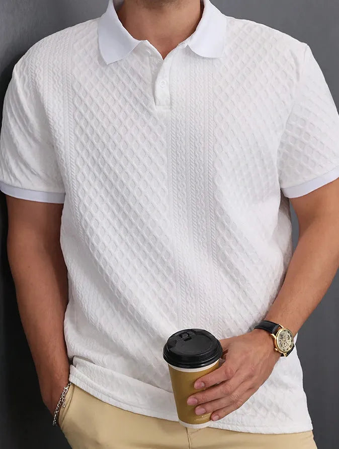 Jacquard fabric button placket polo shirt in olive green, cotton blend, sizes S to XXL