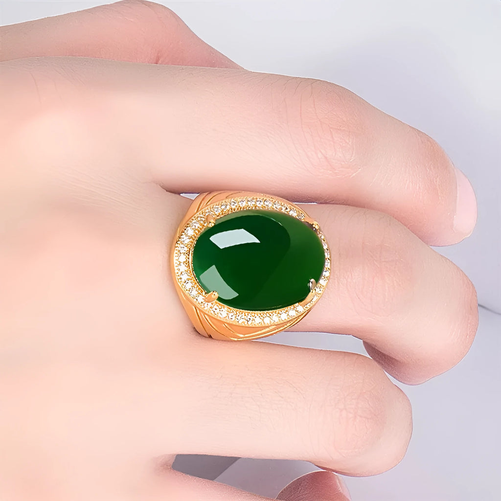 Natural green chalcedony ring with geometric cut, adjustable opening, and platinum finish on copper base
