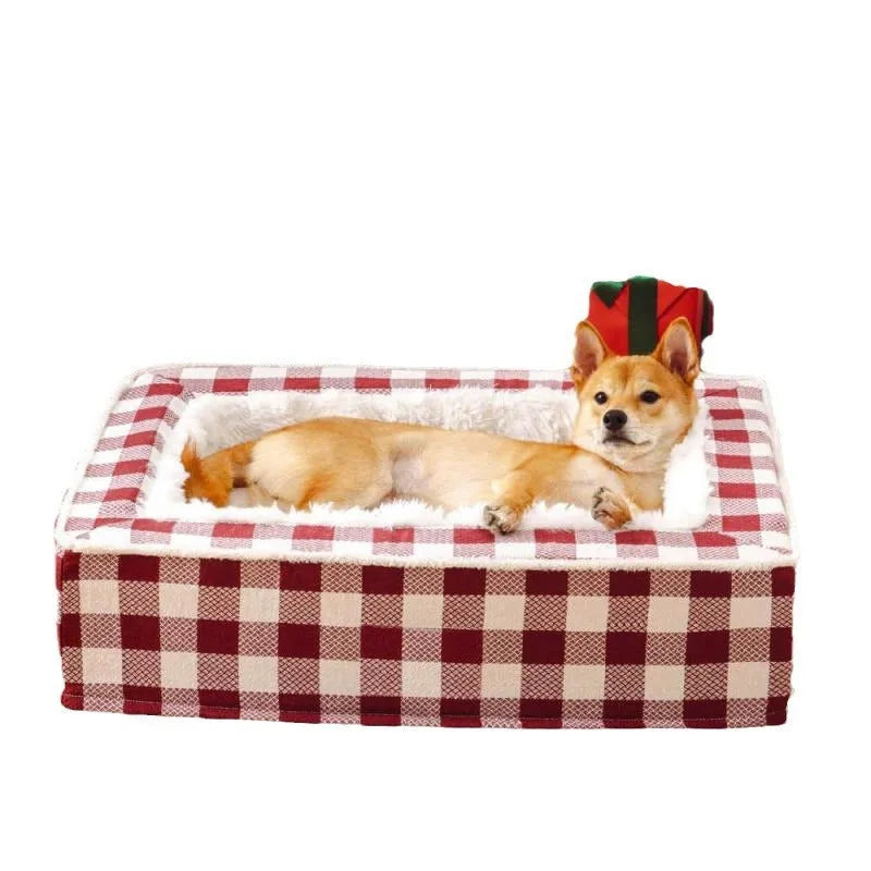 Classic plaid dog cushion with removable cover in red, shown next to a measuring tape indicating its size.
