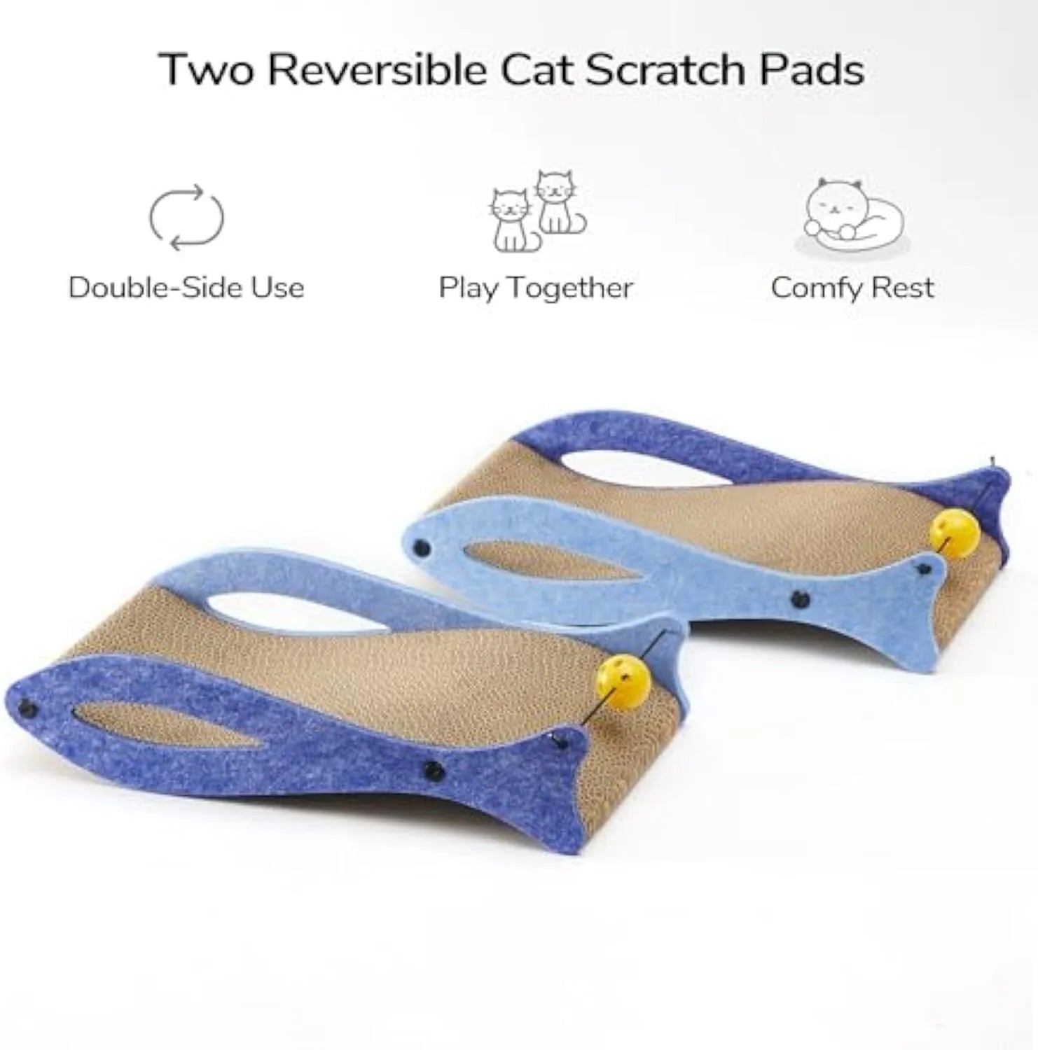 Blue fish-shaped cardboard cat scratcher lounge with a dangling bell ball toy.