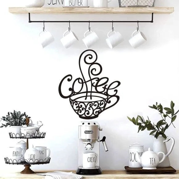 Black wrought iron silhouette wall art on a white wall, showing modern metal decor.