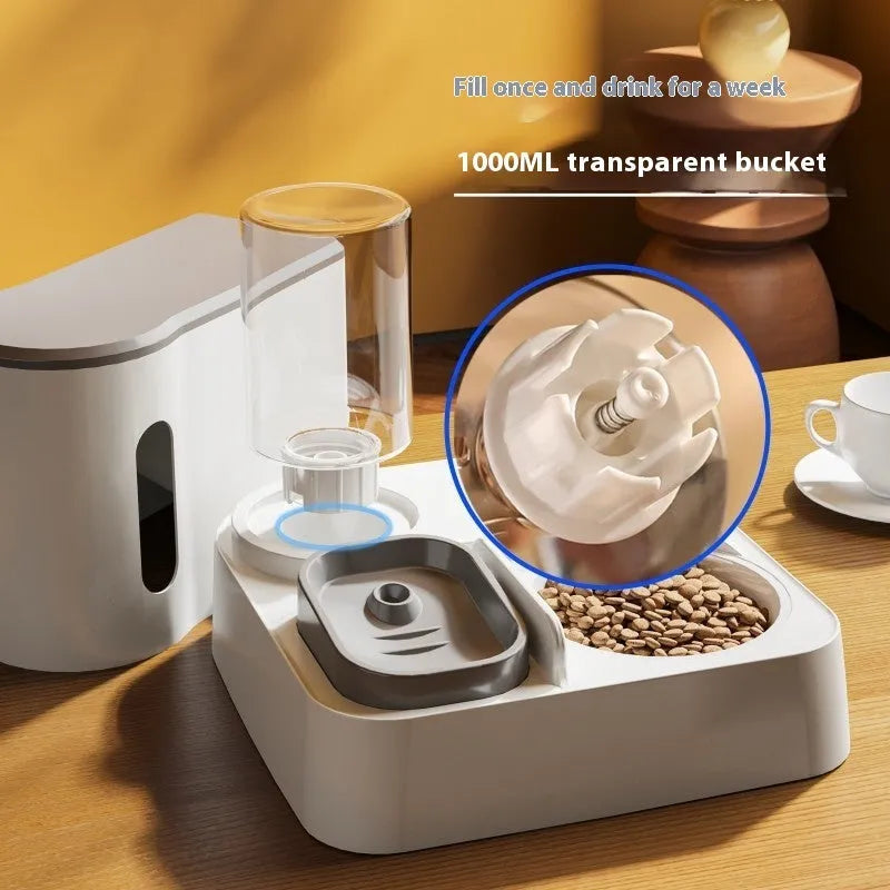 Grey cat automatic pet feeder with integrated double bowl water dispenser