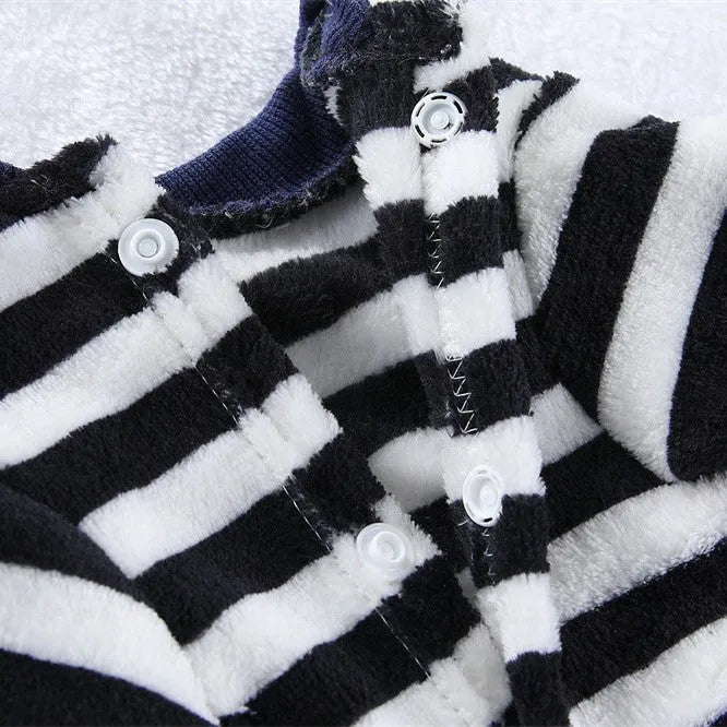 Red striped flannel four-leg pet clothing on a small pet, showing full body coverage and casual style