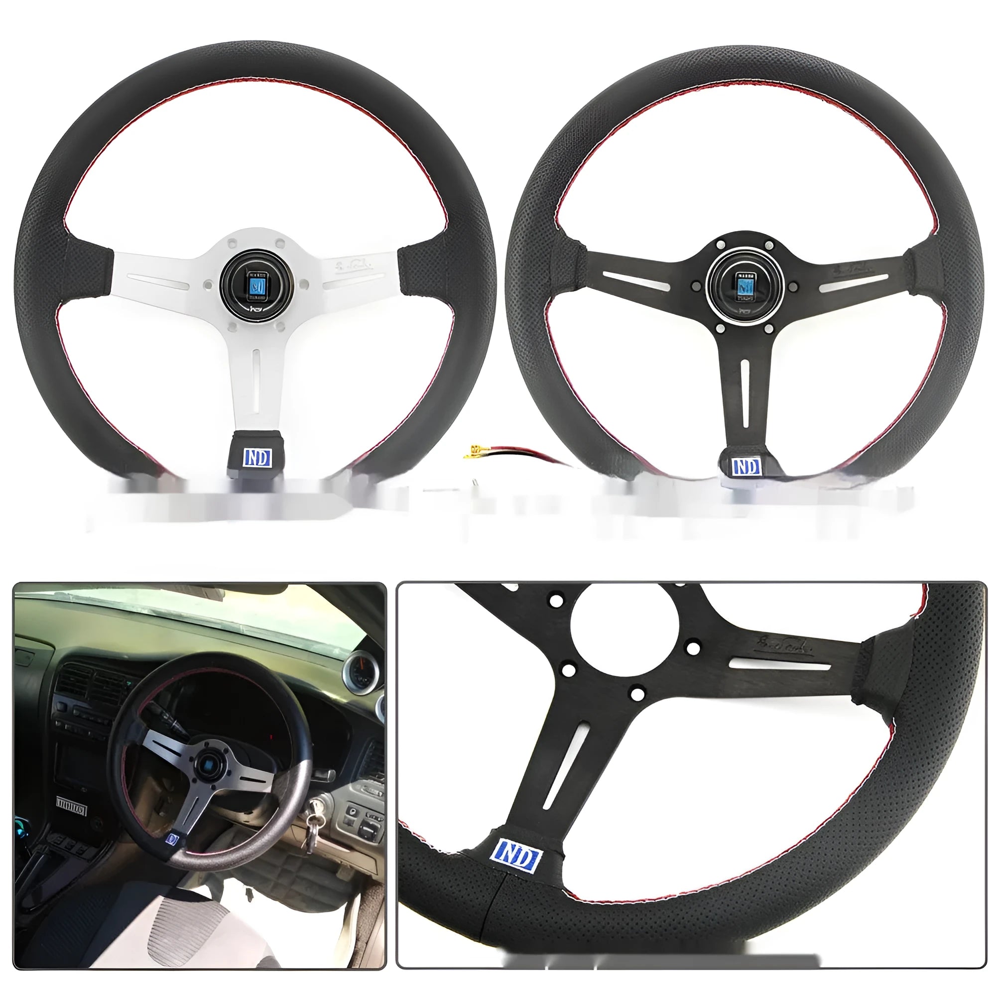 14-inch leather steering wheel with concave centre, shown with black and silver skeleton options