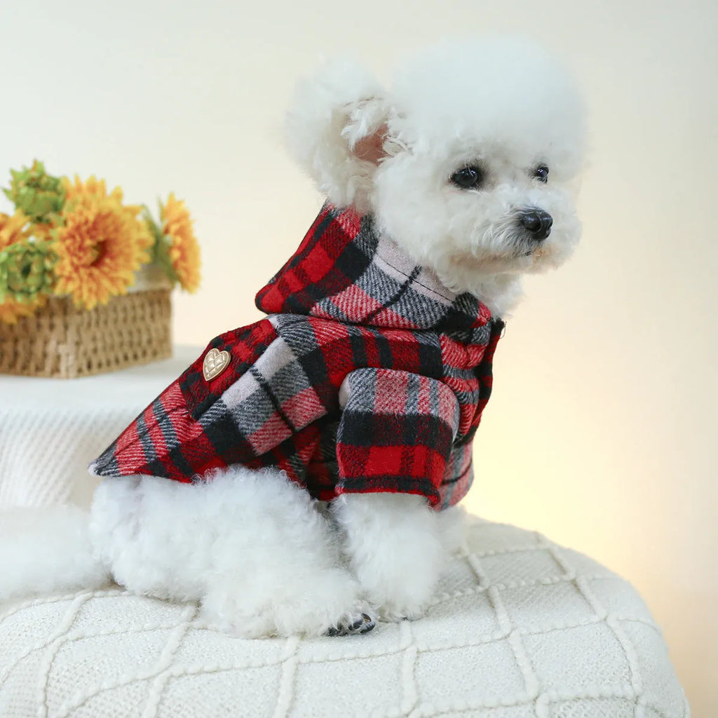 Red plaid pet trench coat for autumn and winter warmth with size options XS to XL