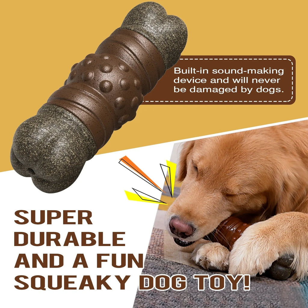 Wood colour plastic sounding bone dog toy with an integrated molar rod for chewing and teeth cleaning.