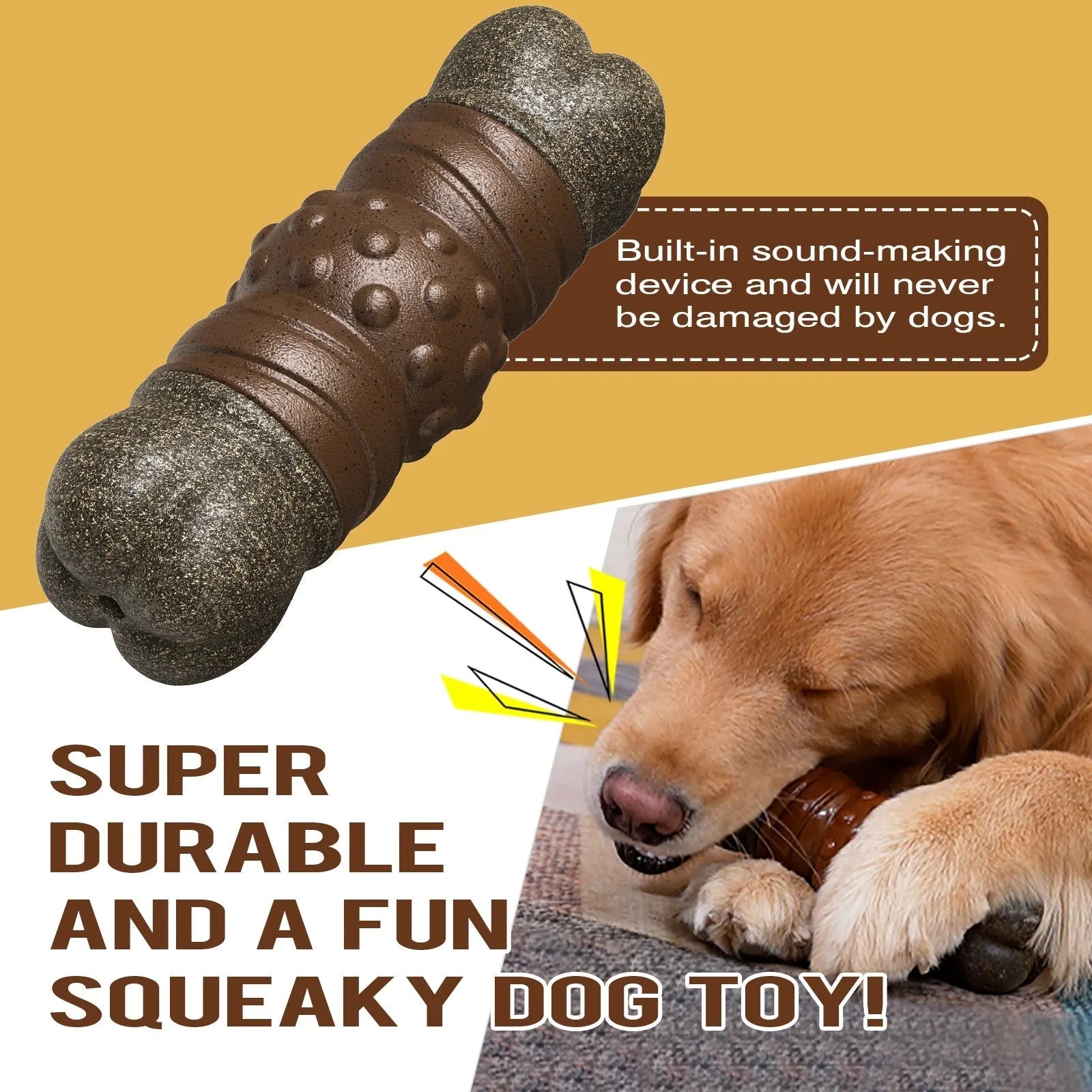 Wood colour plastic sounding bone dog toy with an integrated molar rod for chewing and teeth cleaning.