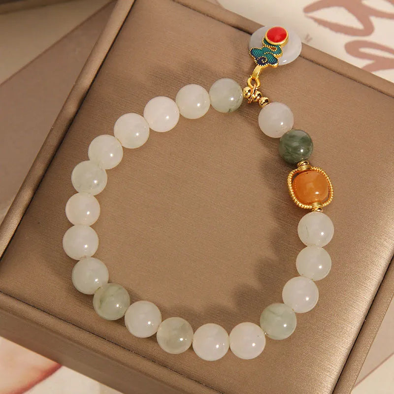 Women's ice jade crystal bracelet with xiangyun peace jade buckle and pearl accents