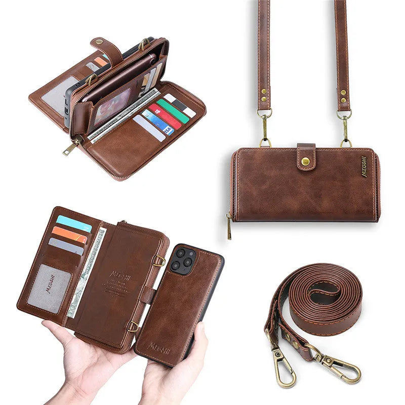 Black leather-style flip phone case with a detachable wallet compartment open, showing card slots.