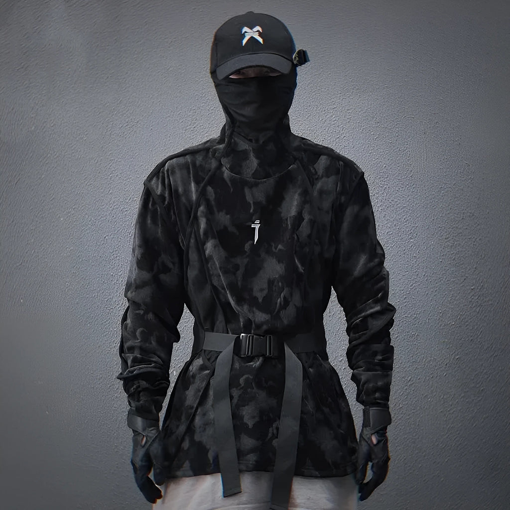 Men's black tie dye finger turtleneck sweater with full print and drop shoulder sleeves