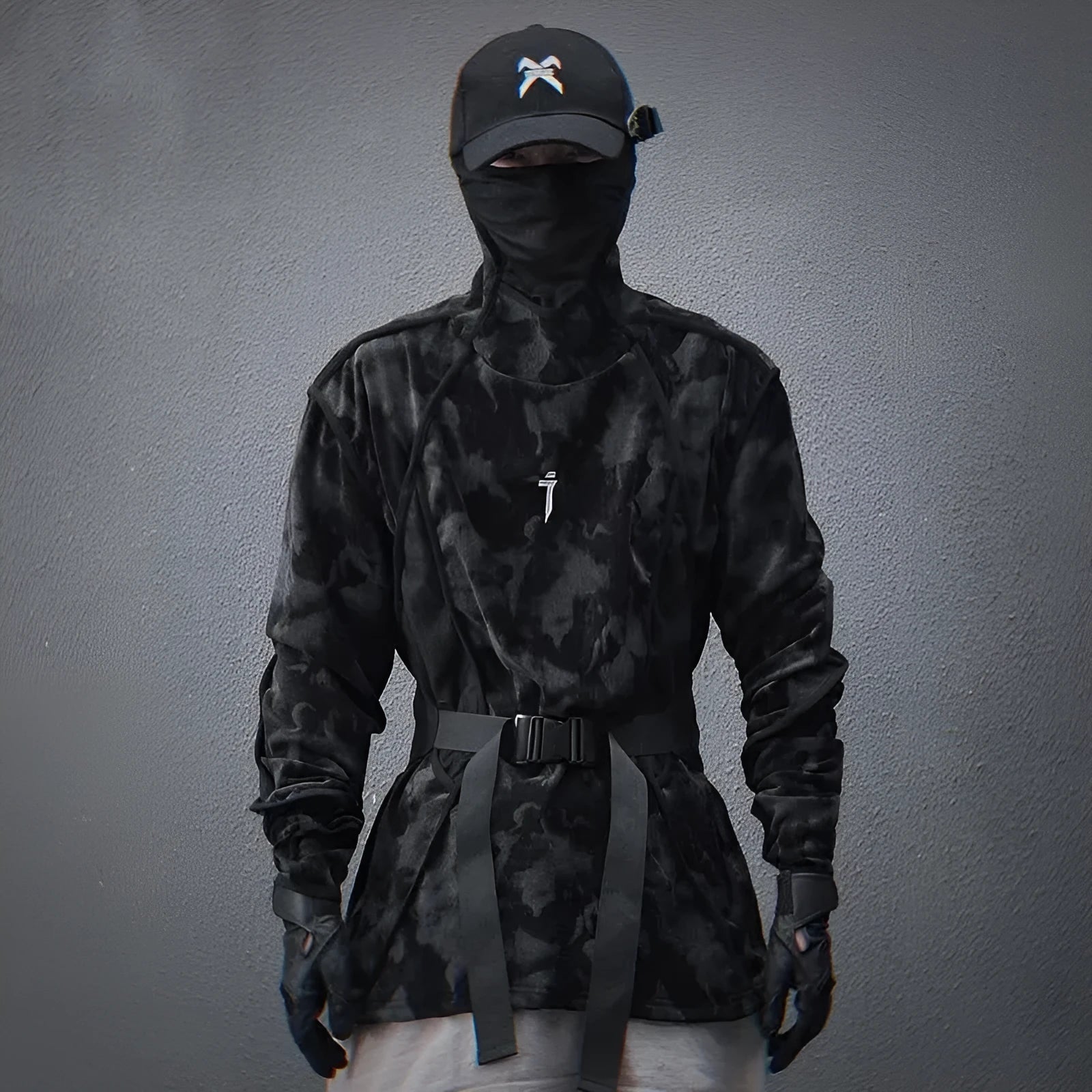 Men's black tie dye finger turtleneck sweater with full print and drop shoulder sleeves