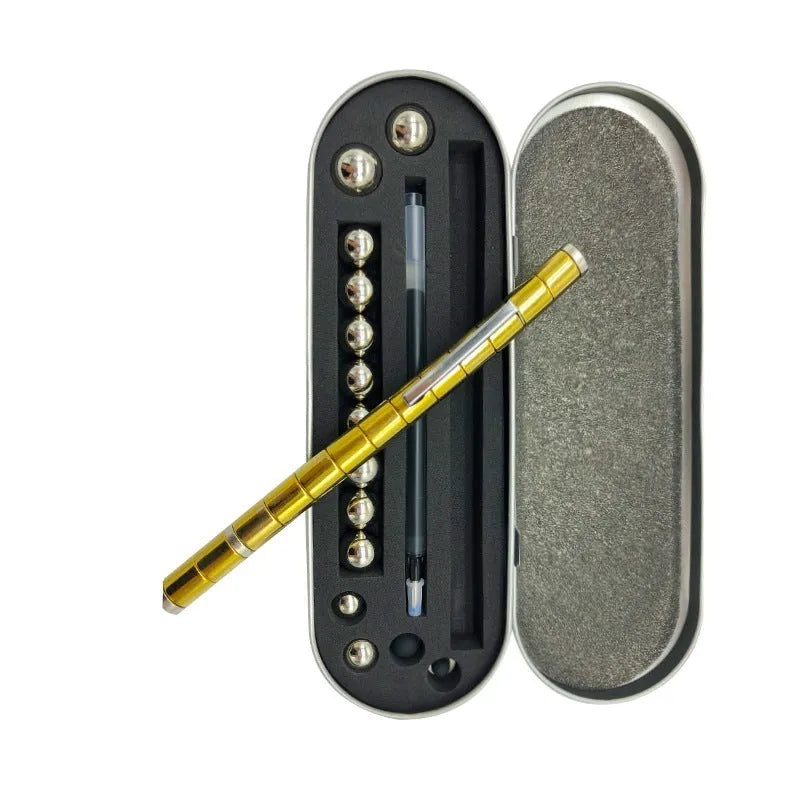 Magnetic modular pen set in silver iron box with 13 rings, 12 balls, 3 refills, 2 capacitor heads, and upgraded magnets
