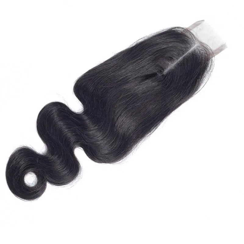 Straight human hair wig in natural colour shown at medium length.