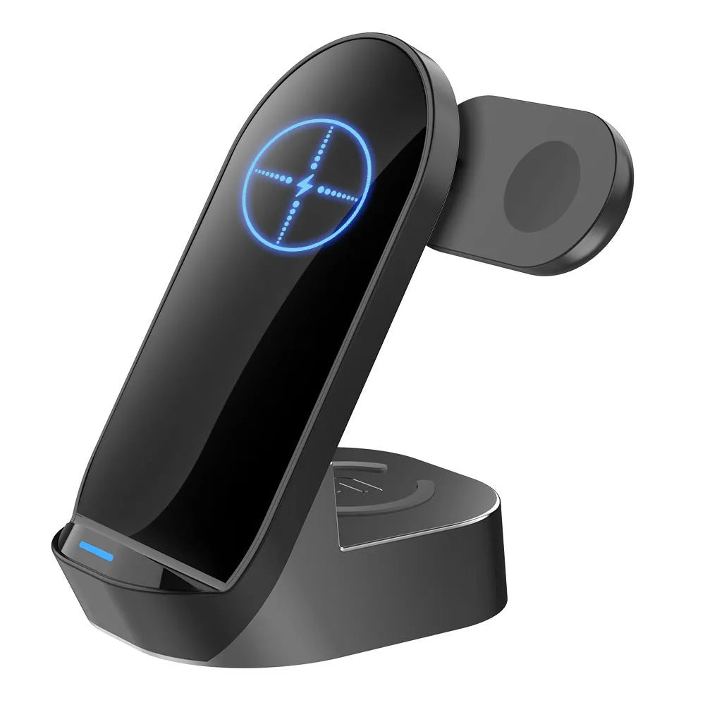 Black grey foldable 3-in-1 wireless charging stand for iPhone, Apple Watch and AirPods case.