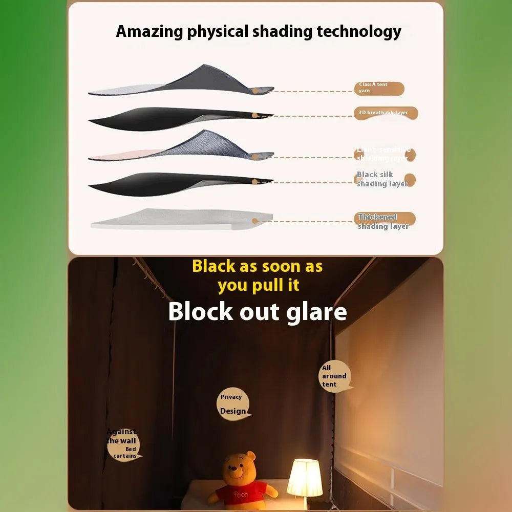 Grey bed curtains with integrated mosquito net for 0.9 metre bed with wall-fixing bracket