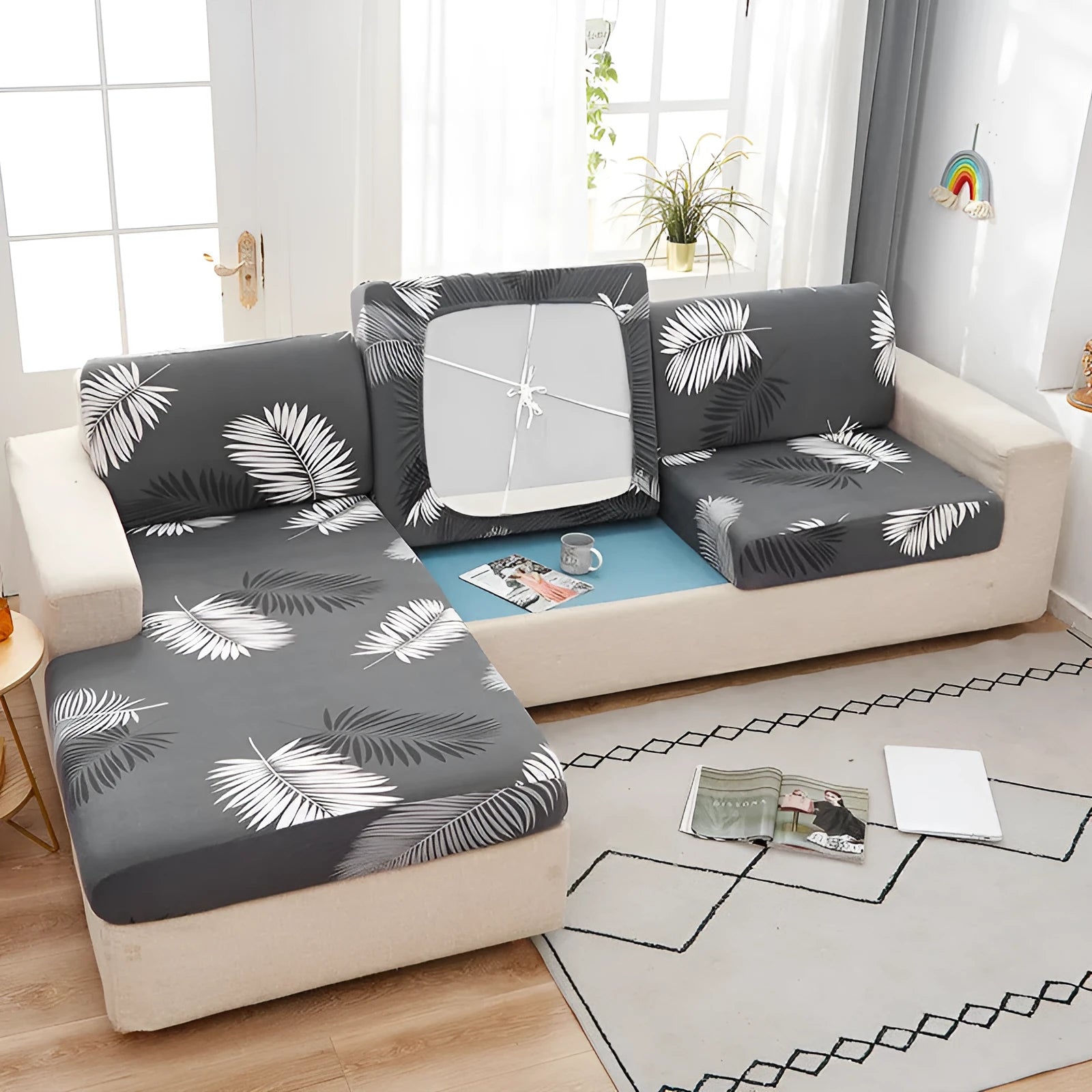 Printed non-slip polyester sofa seat cover with elastic edges in Happy Life Green colour on a single sofa