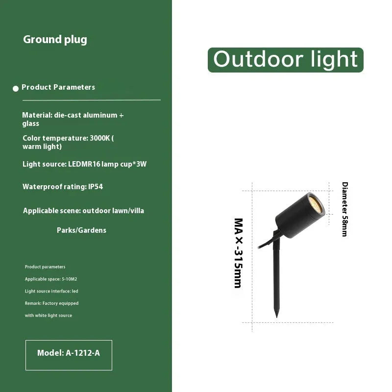 Aluminium outdoor ground lamp with spike for garden path or patio lighting