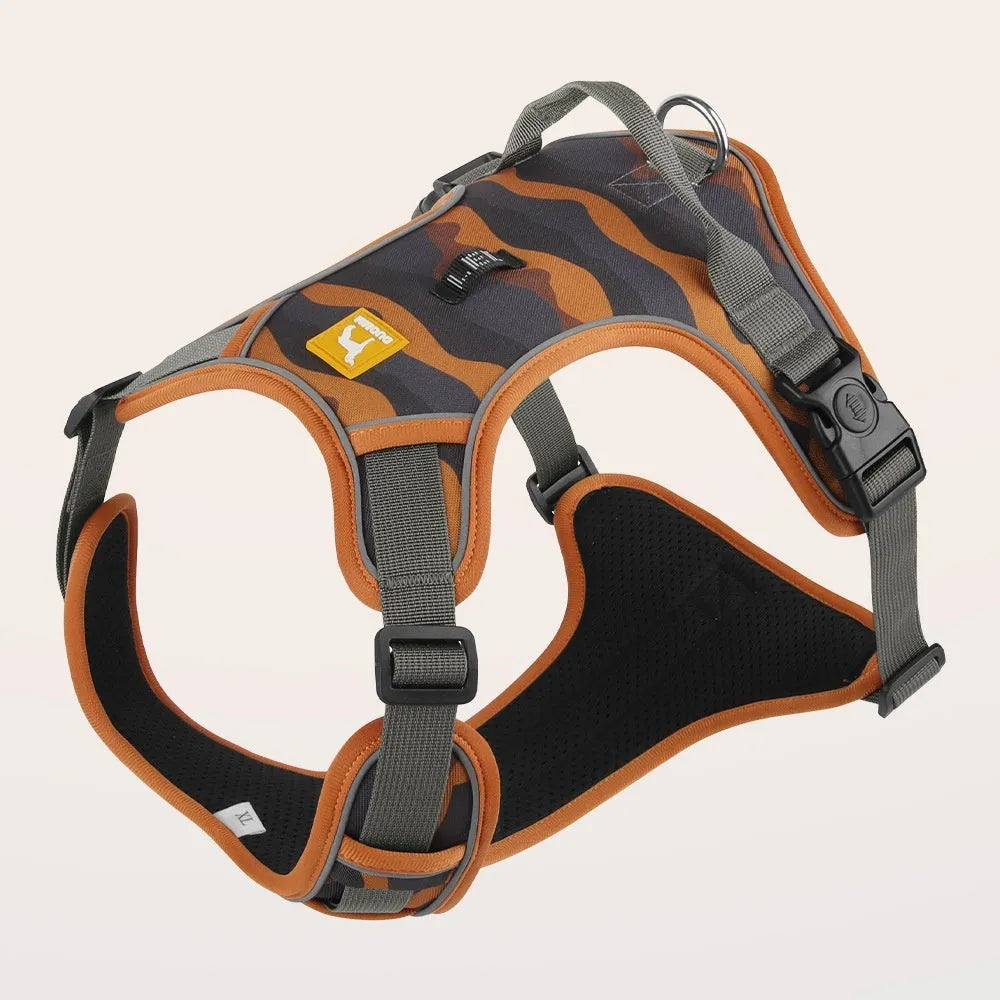 Orange dog harness with reflective strips and an integrated hand-holding rope on a dog's chest and back.