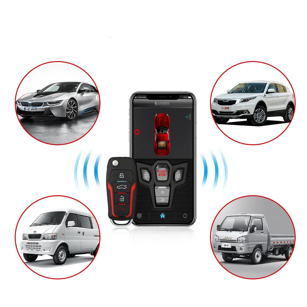 Red and black remote control car alarm system with two remotes for 3000m range security.