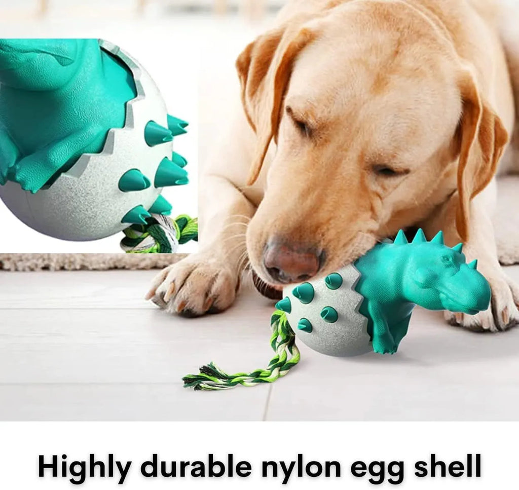 Blue durable dog chew toy shaped like a dinosaur with textured surface and rope, for aggressive chewers.