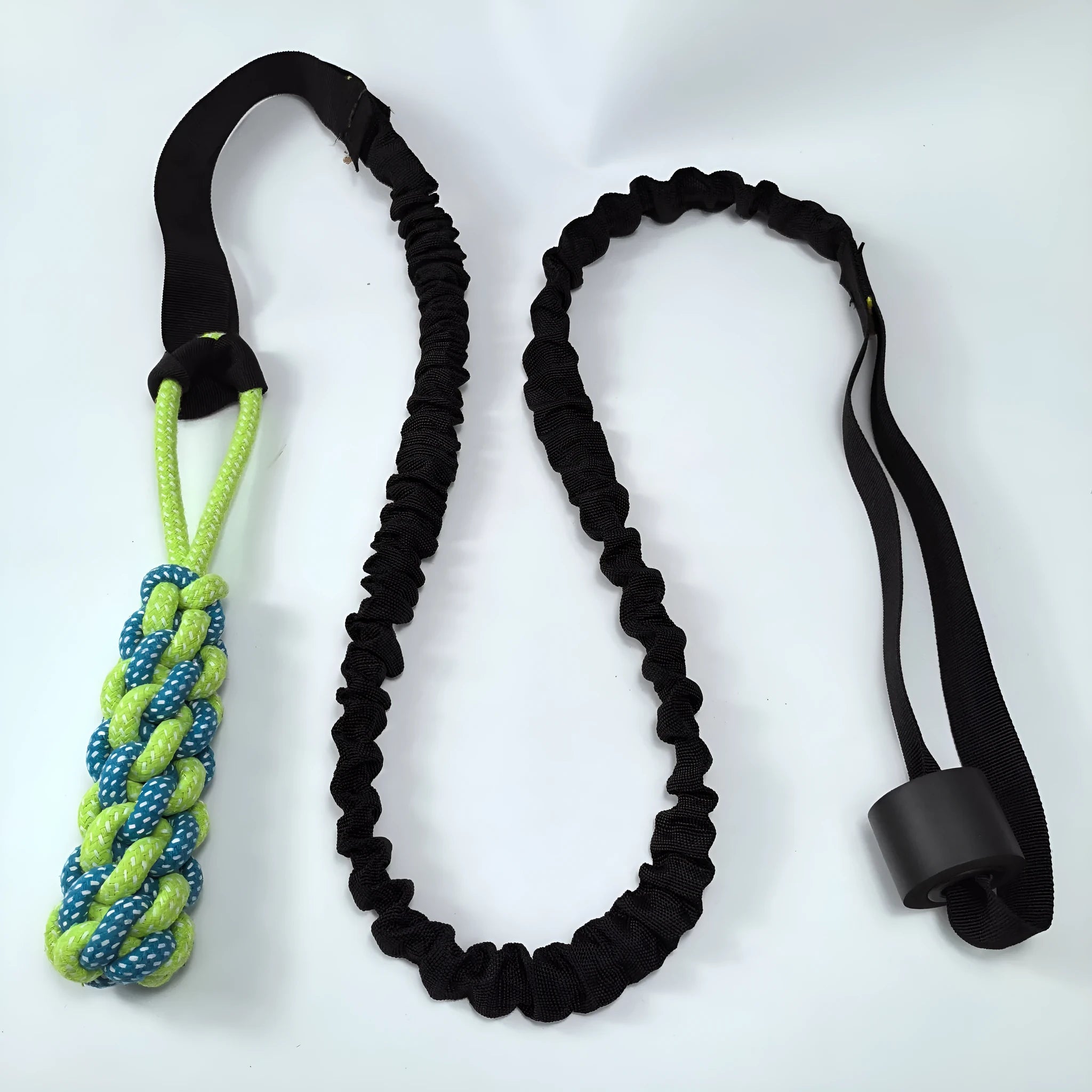 Green cotton rope dog tug toy with corncob and teether ball designs for interactive play.
