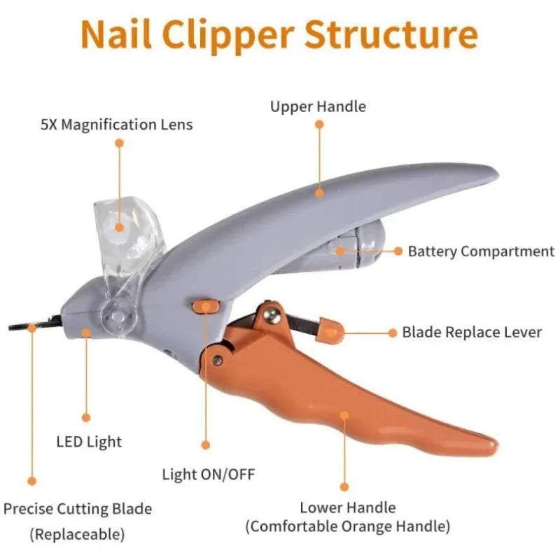Yellow pet nail clipper with built-in LED light and magnifying glass for dog and cat grooming.