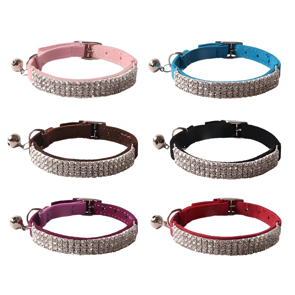 A soft flocking fabric cat collar with a gang drill pattern and an elastic buckle, shown in one of six available colours.