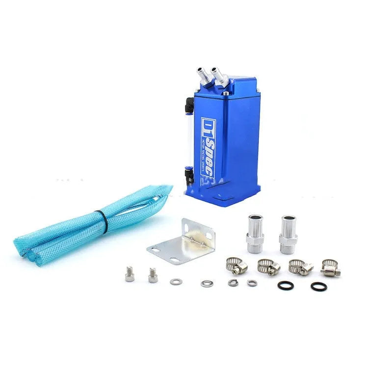 Square and round model oil catch tanks for car modification in black, red, silver, and blue colours