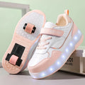 Charging flash roller skates with LED lights in pink, white, black, and purple colours