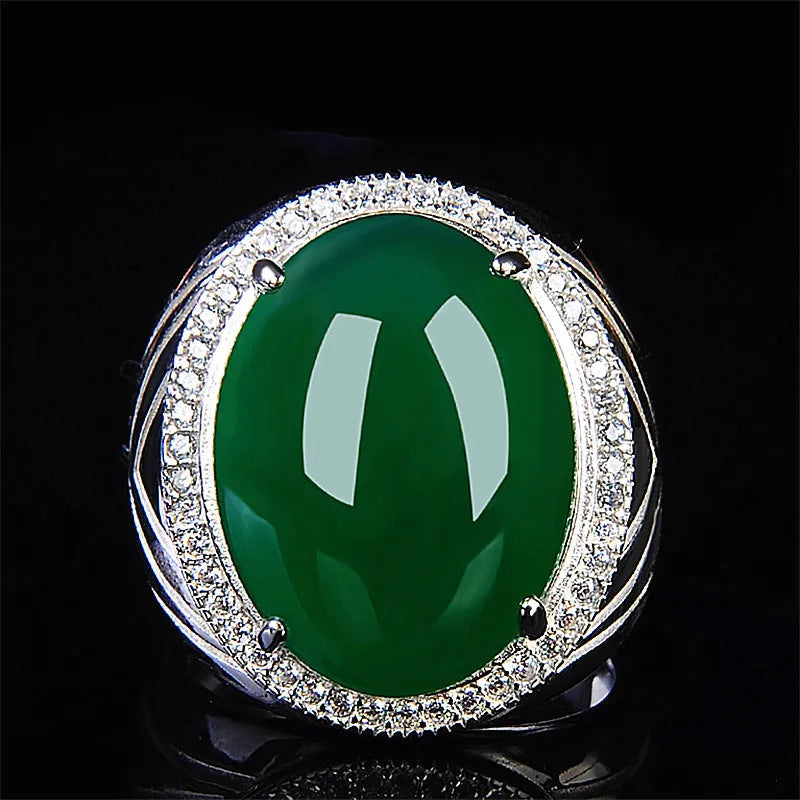 Natural green chalcedony ring with geometric cut, adjustable opening, and platinum finish on copper base