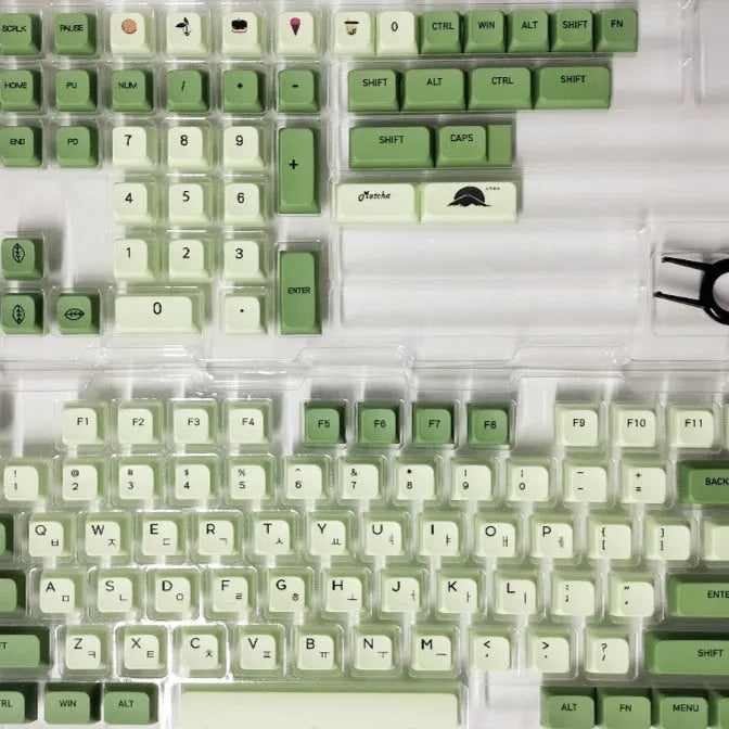 124-key Matcha green PBT keycap set for a mechanical keyboard, showing multiple language layout options.