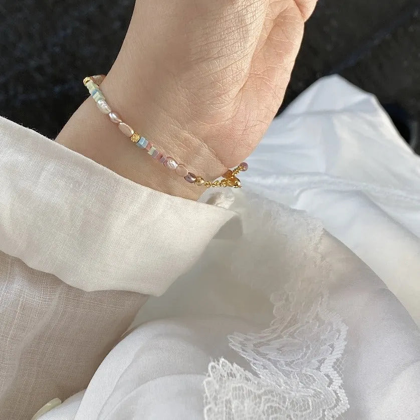 Women's purple silver natural pearl bracelet and necklace set with 14K gold gilding and irregular shaped pearls