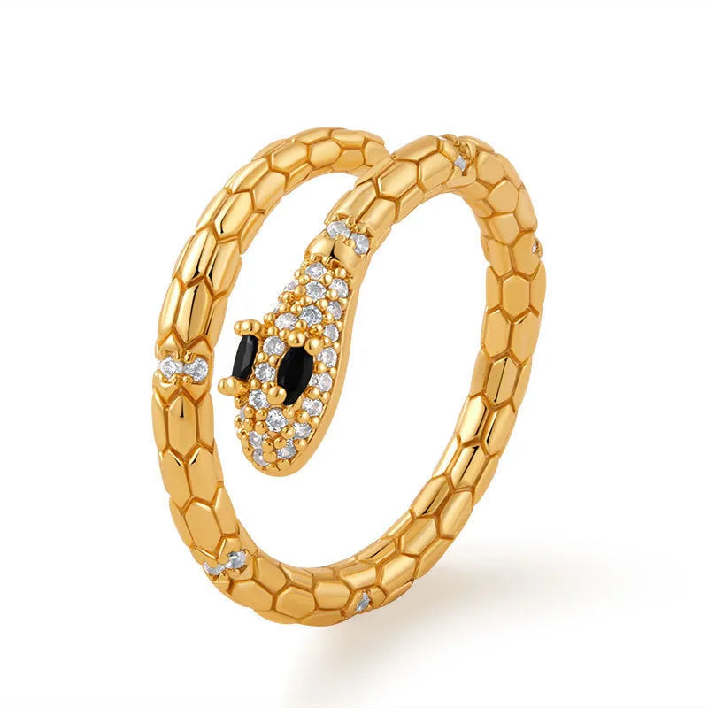 Copper snake ring with adjustable opening and gold colour plating, showing open mouth design