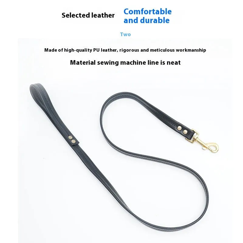 Black high-grade PU leather dog traction belt with a metal ring, shown alongside its attached rope.