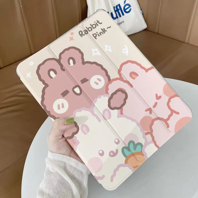 Silicone tri-fold iPad case with cartoon rabbit print, shown folded into a stand.