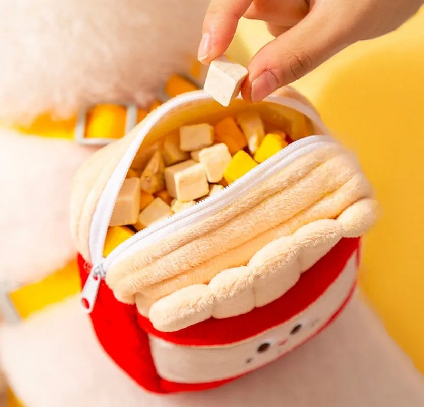 Cartoon hamburger print adjustable vest leash for a small dog, showing backpack-style escape-proof design.