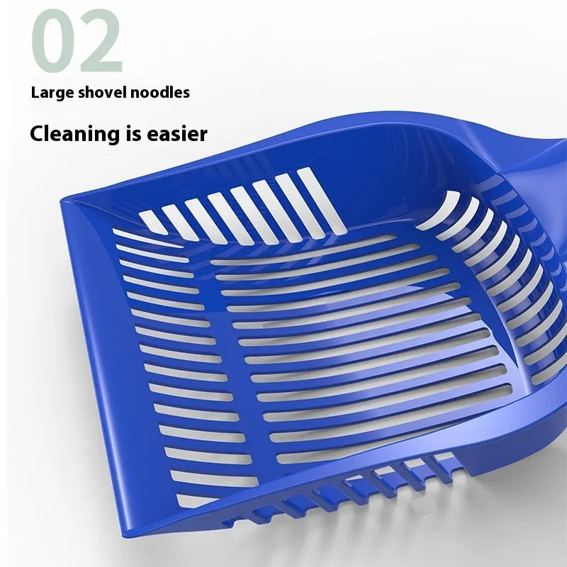 Red plastic cat litter scoop next to a yellow and blue one, showing two size options for litter tray cleaning.