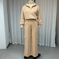 Women's light camel polyester lapel top and wide-leg trousers work set