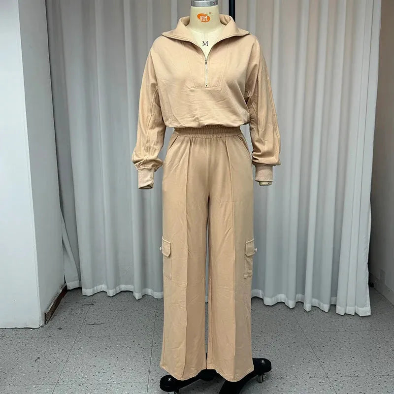 Women's light camel polyester lapel top and wide-leg trousers work set