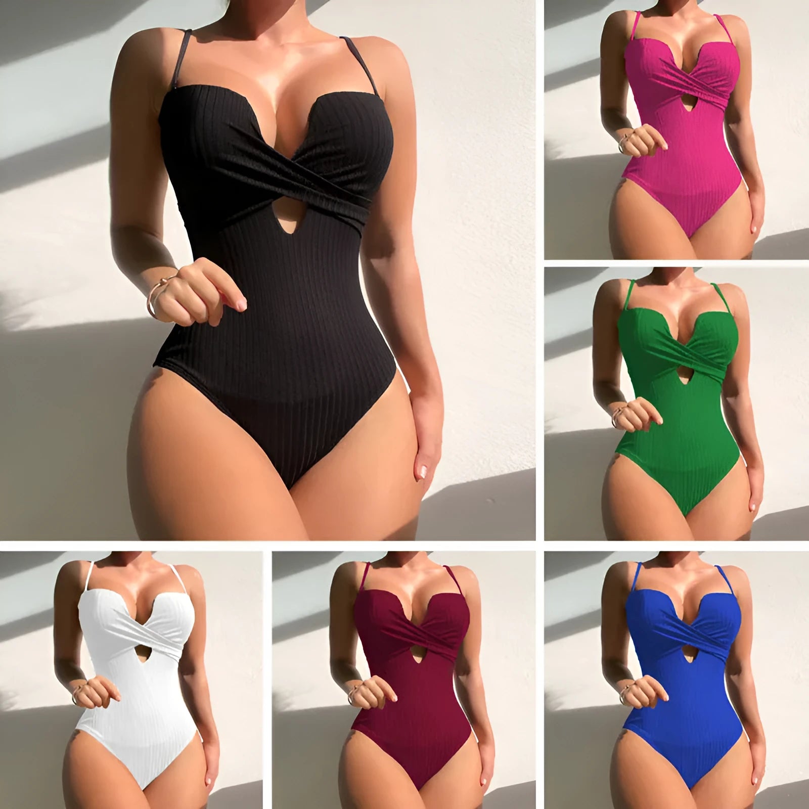 Women's solid colour one-piece swimsuit in polyester available in white, burgundy and rose red